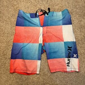 Hurley Plaid Board Shorts Swim Trunks Swimsuit Boys Size 16 Pink Blue